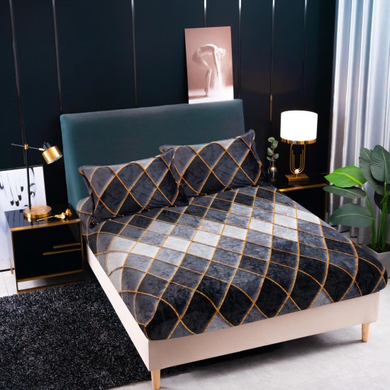 Cearșaf Cocolino cu Elastic 180x200 cm + 2 Fețe de Pernă – Model Geometric Gri cu Accente Aurii, HC-096 3 huse cocolino 199 lei