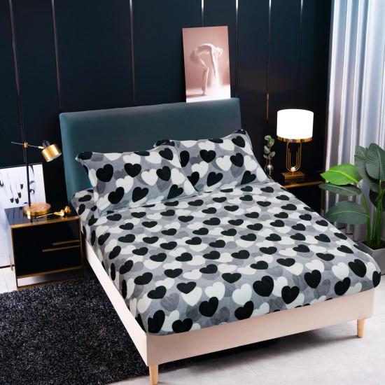 Cearșaf Cocolino cu Elastic 180x200 cm + 2 Fețe de Pernă – Model Inimioare Gri-Negru, HC-098 3 huse cocolino 199 lei