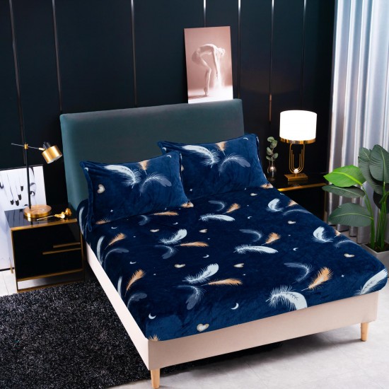 Cearșaf Cocolino cu Elastic 180x200 cm + 2 Fețe de Pernă – Model Pene Albastru Noapte, HC-099 3 huse cocolino 199 lei