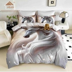 Lenjerie Finet 4 Piese Pat 1 Persoană cu Elastic – Model Unicorn Alb, Design Elegant, LOP-026
