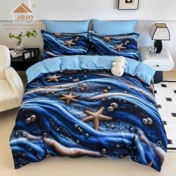 Lenjerie Finet 4 Piese Pat 1 Persoană cu Elastic – Model Ocean Albastru cu Stele de Mare, LFS-066