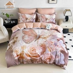 Lenjerie Finet 4 Piese Pat 1 Persoană cu Elastic – Model Fluture Elegant Roz Pudrat, LOP-018