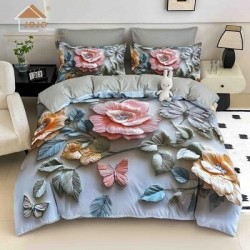 Lenjerie Finet 4 Piese Pat 1 Persoană cu Elastic – Model Trandafir Pastel cu Fluturi, LOP-007
