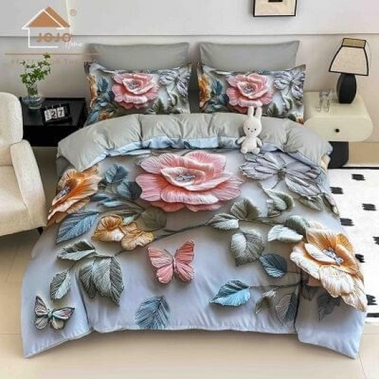 Lenjerie Finet 4 Piese Pat 1 Persoană cu Elastic – Model Trandafir Pastel cu Fluturi, LOP-007 Lenjerii FInet 1 Persoana cu ELASTIC
