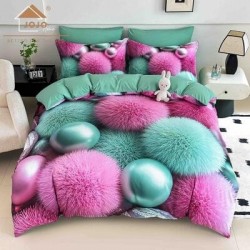 Lenjerie Finet 4 Piese Pat 1 Persoană cu Elastic – Model Bile Pufoase Turcoaz & Roz, LOP-043