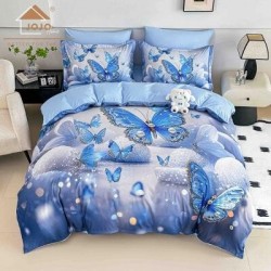 Lenjerie Finet 4 Piese Pat 1 Persoană cu Elastic – Model Fluturi Albastru Crystal, LOP-046