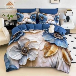 Lenjerie Finet 4 Piese Pat 1 Persoană cu Elastic – Model Flori Elegante Albastru & Bej, LOP-056