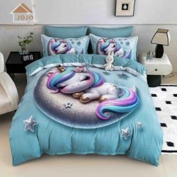 Lenjerie Finet 4 Piese Pat 1 Persoană cu Elastic – Model Unicorn Somn Lin, LOP-063