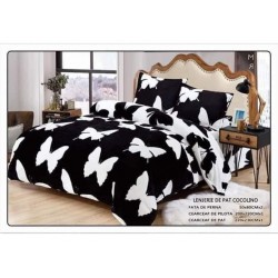 Set Lenjerie Cocolino 4 piese pat dublu cu cearșaf cu elastic – Model Fluturi Alb-Negru Elegant, LEC-012