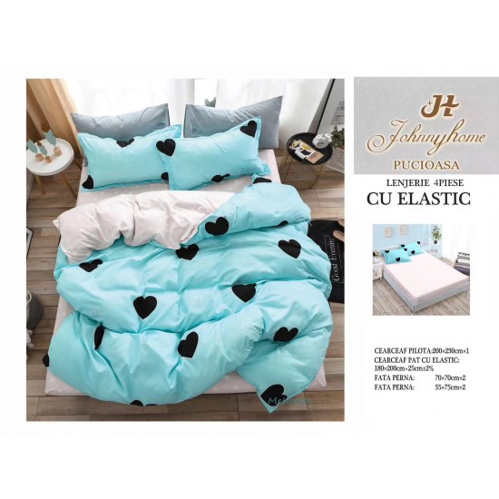 Lenjerie de Pat Dublu Bumbac Satinat Superior, 4 Piese, cu Elastic – Model Inimioare, Turcoaz & Negru, LDBSE-027 Oferta Trio 229