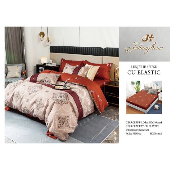Lenjerie de Pat Dublu Bumbac Satinat Superior, 4 Piese, cu Elastic – Model Oriental Elegant, Bordo & Bej, LDBSE-040 Oferta Trio 229
