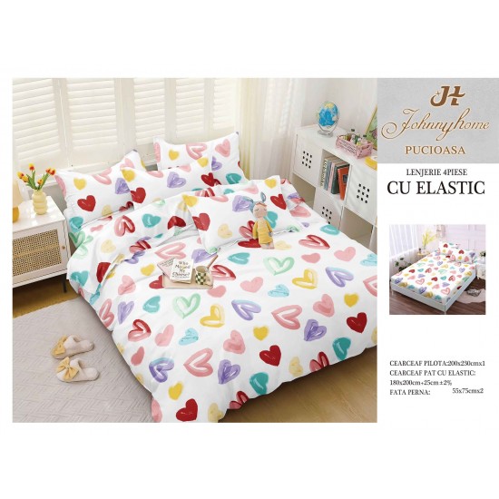 Lenjerie de Pat Dublu Bumbac Satinat Superior, 4 Piese, cu Elastic – Model Inimioare Multicolore, Alb, LSE-006 Oferta Trio 229