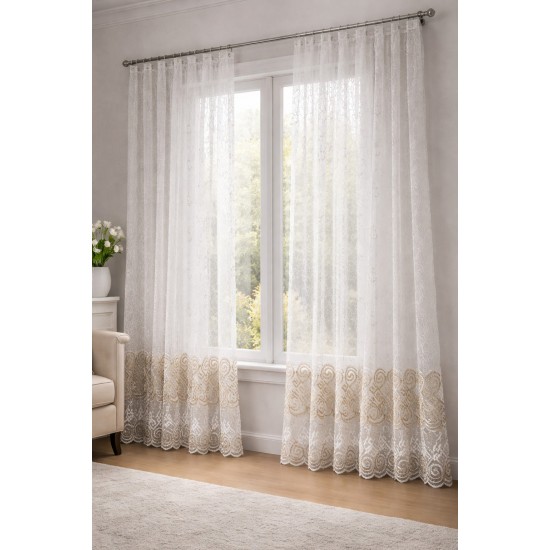 Perdea din Dantelă Albă cu Broderie Elegantă, 3 x 2,5 m, Gata Cusută cu Tiv și Rejansă, Lungă până la Podea, DPC-006 Lenjerii de Pat din Finet