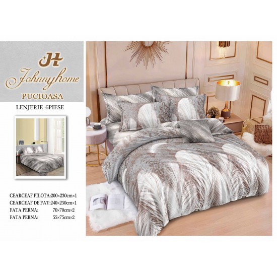 Set Lenjerie de Pat din Finet, 6 Piese, cu 2 Fețe, Pat 2 Persoane – Model Abstract cu Pene, Gri & Bej, LDF-138 Lenjerii Finet 6 piese