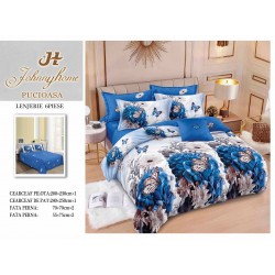Set Lenjerie de Pat din Finet, 6 Piese, cu 2 Fețe, Pat 2 Persoane – Model Flori Albastre cu Fluturi, Albastru, LDF-140