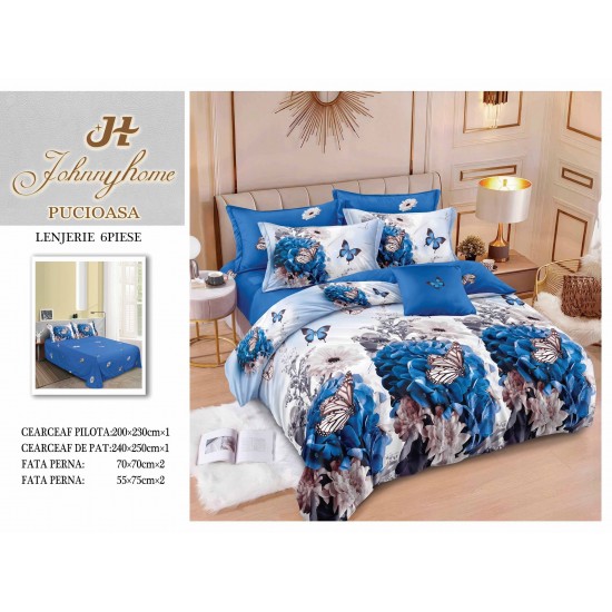 Set Lenjerie de Pat din Finet, 6 Piese, cu 2 Fețe, Pat 2 Persoane – Model Flori Albastre cu Fluturi, Albastru, LDF-140 Lenjerii Finet 6 piese