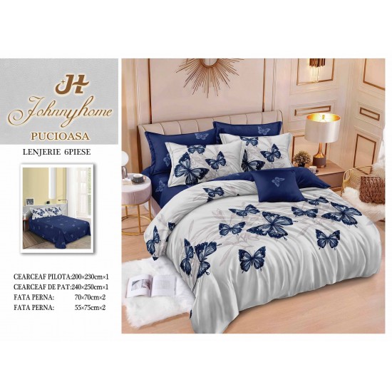 Set Lenjerie de Pat din Finet, 6 Piese, cu 2 Fețe, Pat 2 Persoane – Model Fluturi Eleganți, Alb & Albastru, LDF-137 Lenjerii Finet 6 piese