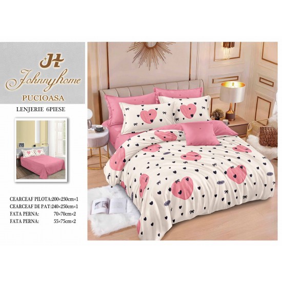 Set Lenjerie de Pat din Finet, 6 Piese, cu 2 Fețe, Pat 2 Persoane – Model Inimi Roz, Alb & Negru, LDF-143 Lenjerii Finet 6 piese
