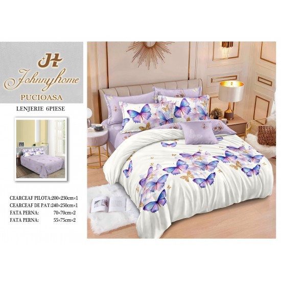 Set Lenjerie de Pat din Finet, 6 Piese, cu 2 Fețe, Pat 2 Persoane – Model Fluturi Eleganți, Alb & Lila, LDF-006 Lenjerii Finet 6 piese