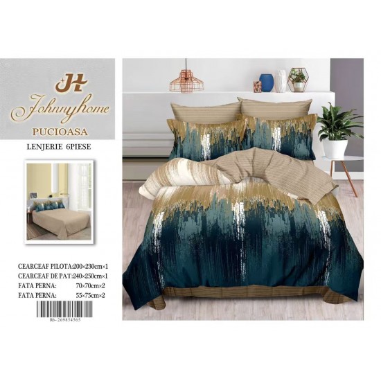 Set Lenjerie de Pat din Finet, 6 Piese, cu 2 Fețe, Pat 2 Persoane – Model Elegant Albastru & Bej Auriu, LDF-033 Lenjerii Finet 6 piese