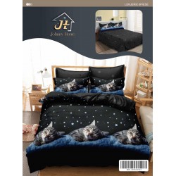 Set Lenjerie de Pat din Finet cu 2 Fețe, 6 Piese, Pat 2 Persoane – Model Pisici Adormite pe Cer Înstelat, LDF-063