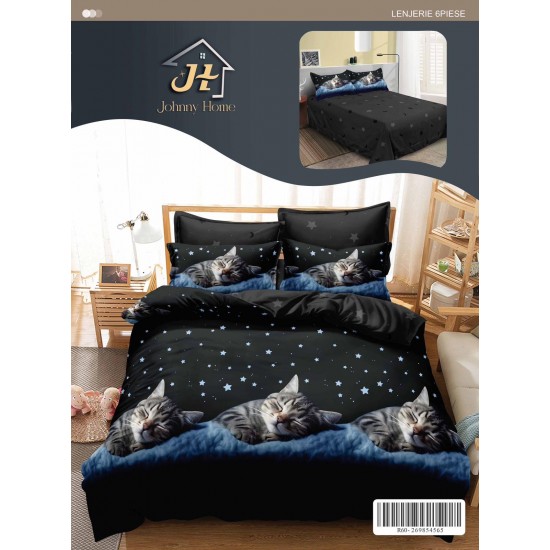 Set Lenjerie de Pat din Finet cu 2 Fețe, 6 Piese, Pat 2 Persoane – Model Pisici Adormite pe Cer Înstelat, LDF-063 Lenjerii Finet 6 piese