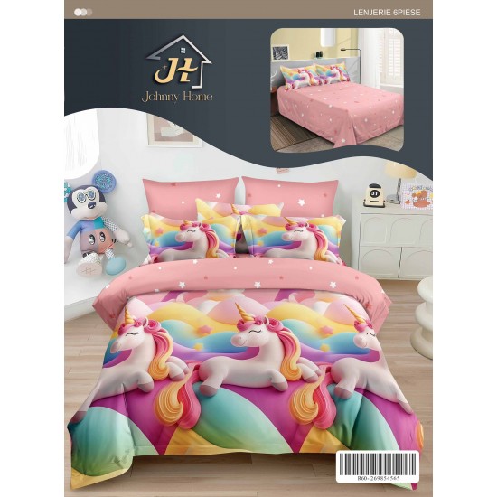 Set Lenjerie de Pat din Finet cu 2 Fețe, 6 Piese, Pat 2 Persoane – Model Unicorn Multicolor Roz, LDF-023 Lenjerii Finet 6 piese