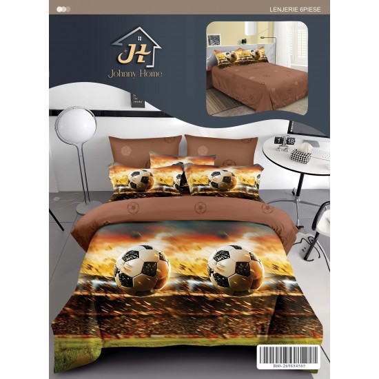 Set Lenjerie de Pat din Finet cu 2 Fețe, 6 Piese, Pat 2 Persoane – Model Fotbal Maro cu Accente Aurii, LDF-050 Lenjerii Finet 6 piese