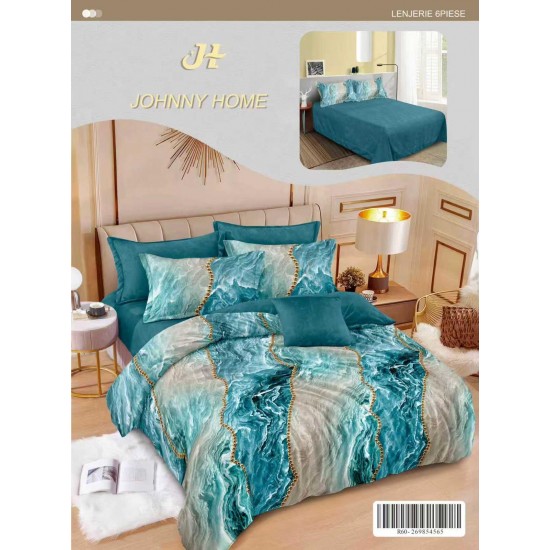 Set Lenjerie de Pat din Finet cu 2 Fețe, 6 Piese, Pat 2 Persoane – Model Marmorat Turcoaz cu Accente Aurii, LDF-054 Lenjerii Finet 6 piese