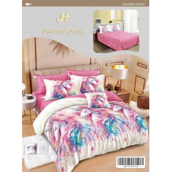 Set Lenjerie de Pat din Finet cu 2 Fețe, 6 Piese, Pat 2 Persoane – Model Unicorn Multicolor pe Fundal Roz, LDF-008