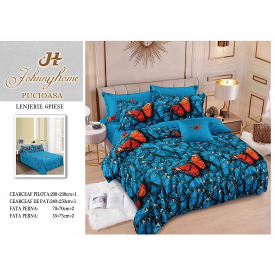 Set Lenjerie de Pat din Finet cu 2 Fețe, 6 Piese, Pat 2 Persoane – Model Fluturi Albaștri cu Accente Portocalii, LDF-098 Lenjerii Finet 6 piese