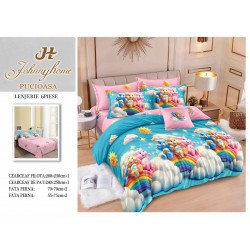 Set Lenjerie de Pat din Finet cu 2 Fețe, 6 Piese, Pat 2 Persoane – Model Ursuleți pe Curcubeu, Roz și Turcoaz, LDF-058