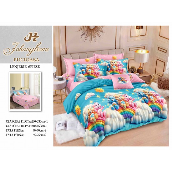 Set Lenjerie de Pat din Finet cu 2 Fețe, 6 Piese, Pat 2 Persoane – Model Ursuleți pe Curcubeu, Roz și Turcoaz, LDF-058 Lenjerii Finet 6 piese