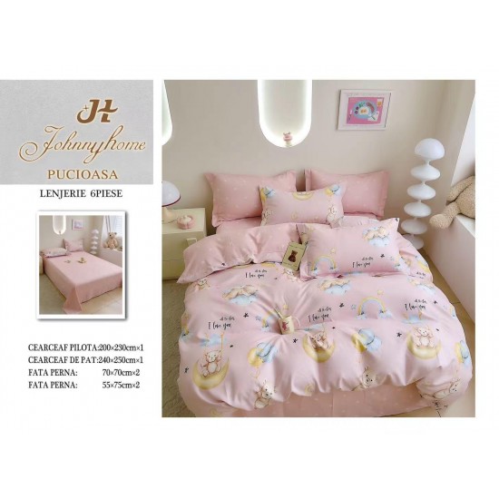 Set Lenjerie de Pat din Finet cu 2 Fețe, 6 Piese, Pat 2 Persoane – Model Ursuleți pe Lună, Roz Pudrat, LDF-086 Lenjerii Finet 6 piese