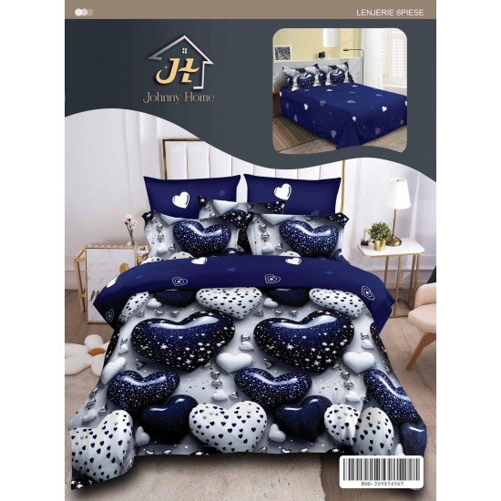 Set Lenjerie de Pat din Finet cu 2 Fețe, 6 Piese, Pat 2 Persoane – Model Inimi Nocturne, Albastru și Alb, LDF-056 Lenjerii Finet 6 piese