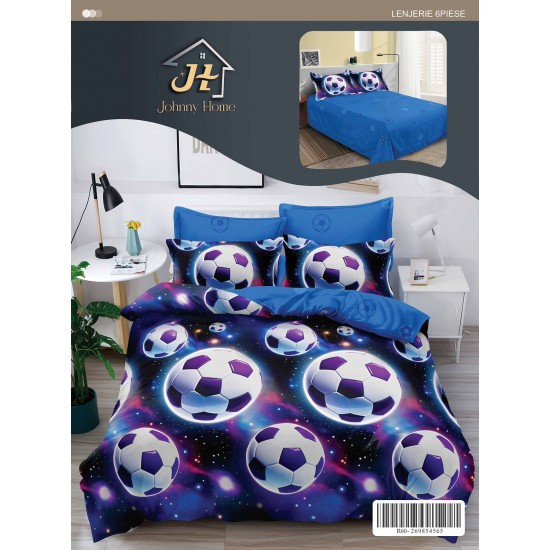 Set Lenjerie de Pat din Finet cu 2 Fețe, 6 Piese, Pat 2 Persoane – Model Fotbal Cosmic, Albastru și Mov, LDF-016 Lenjerii Finet 6 piese