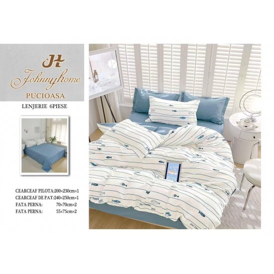 Set Lenjerie de Pat din Finet cu 2 Fețe, 6 Piese, Pat 2 Persoane – Model Marin cu Pești, Alb și Albastru, LDF-070 Lenjerii Finet 6 piese