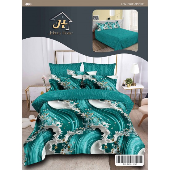 Set Lenjerie de Pat din Finet cu 2 Fețe, 6 Piese, Pat 2 Persoane – Model Marmură Elegantă, Verde Smarald, LDF-042 Lenjerii Finet 6 piese