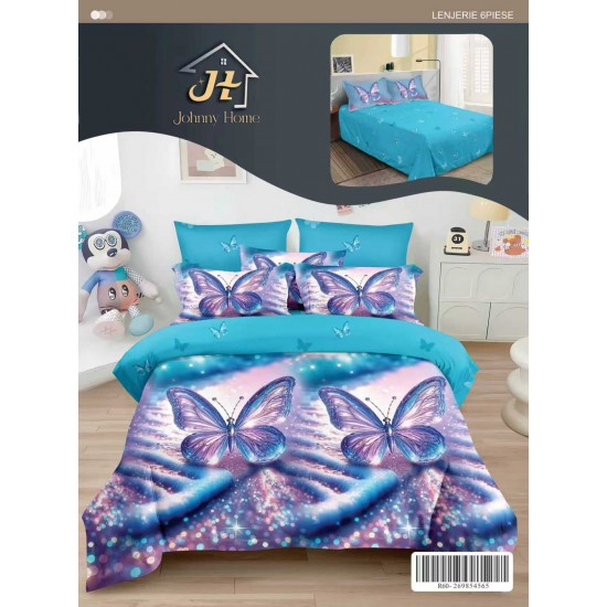 Set Lenjerie de Pat din Finet cu 2 Fețe, 6 Piese, Pat 2 Persoane – Model Fluturi Magici, Turcoaz și Mov, LDF-028 Lenjerii Finet 6 piese