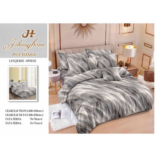 Set Lenjerie de Pat din Finet cu 2 Fețe, 6 Piese, Pat 2 Persoane – Model Valuri Gri Elegant, LDF-014 Lenjerii Finet 6 piese