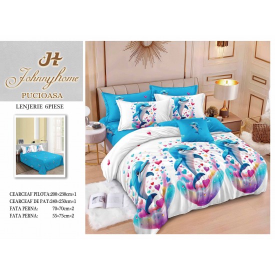 Set Lenjerie de Pat din Finet cu 2 Fețe, 6 Piese, Pat 2 Persoane – Model Delfini Veseli Albastru și Alb, LDF-090 Lenjerii Finet 6 piese