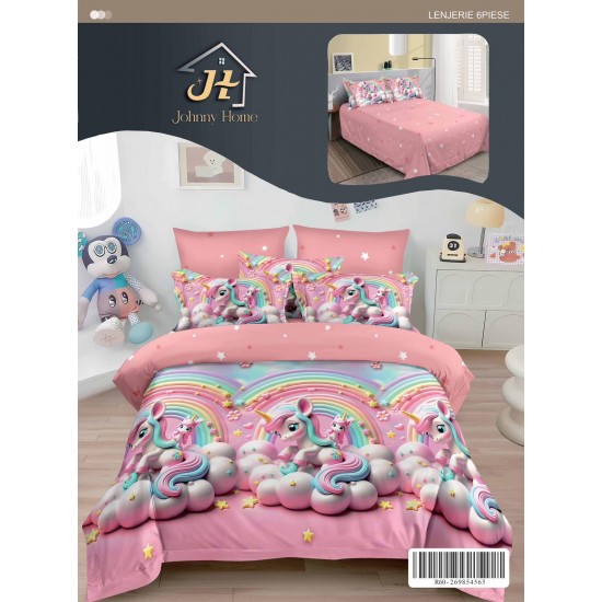 Set Lenjerie de Pat din Finet cu 2 Fețe, 6 Piese, Pat 2 Persoane – Model Unicorn Roz cu Curcubeu, LDF-069 Lenjerii Finet 6 piese