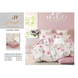 Set Lenjerie de Pat din Finet cu 2 Fețe, 6 Piese, Pat 2 Persoane – Model Floral Roz și Crem, LDF-124