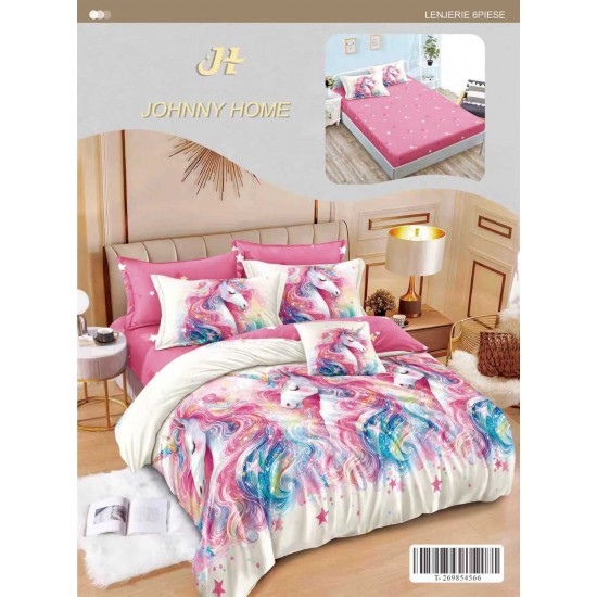 Set Lenjerie Pat Dublu 6 Piese cu Cearșaf cu Elastic din Bumbac Finet – Model Unicorni Curcubeu, Roz și Alb, LDE-057 Lenjerii Finet 6 piese cu ELASTIC