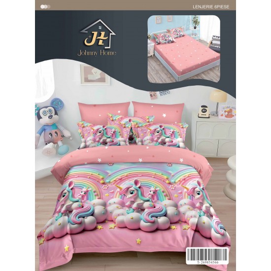 Set Lenjerie Pat Dublu 6 Piese cu Cearșaf cu Elastic din Bumbac Finet – Model Unicorni cu Curcubeu, Multicolor, LDE-037 Lenjerii Finet 6 piese cu ELASTIC