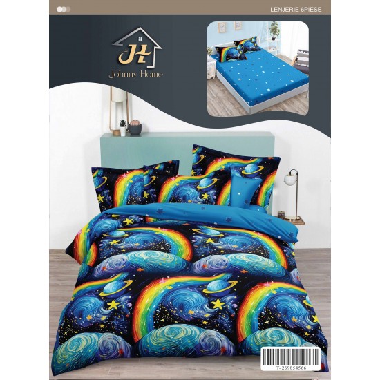 Set Lenjerie Pat Dublu 6 Piese cu Cearșaf cu Elastic din Bumbac Finet – Model Galaxie cu Curcubeu, Multicolor, LDE-054 Lenjerii Finet 6 piese cu ELASTIC