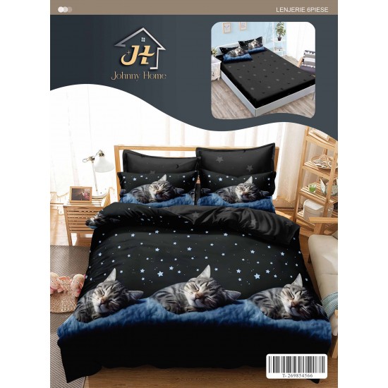 Set Lenjerie Pat Dublu 6 Piese cu Cearșaf cu Elastic din Bumbac Finet – Model Pisici Adormite, Negru și Albastru, LDE-050 Lenjerii Finet 6 piese cu ELASTIC