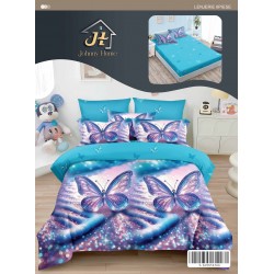 Set Lenjerie Pat Dublu 6 Piese cu Cearșaf cu Elastic din Bumbac Finet – Model Fluturi, Turcoaz și Mov, LDE-049