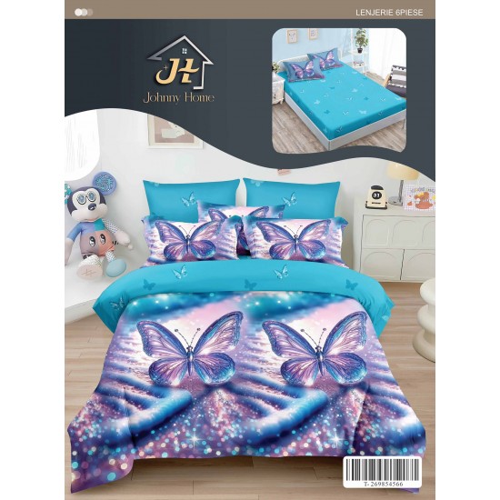 Set Lenjerie Pat Dublu 6 Piese cu Cearșaf cu Elastic din Bumbac Finet – Model Fluturi, Turcoaz și Mov, LDE-049 Lenjerii Finet 6 piese cu ELASTIC