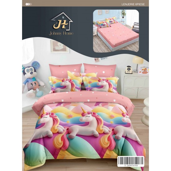 Set Lenjerie Pat Dublu 6 Piese cu Cearșaf cu Elastic din Bumbac Finet – Model Unicorni, Roz Multicolor, LDE-027 Lenjerii Finet 6 piese cu ELASTIC